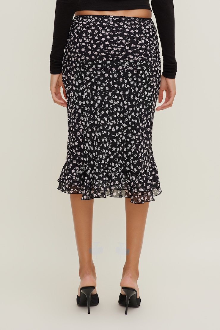 Ruffled Georgette Midi Skirt Black Floral large