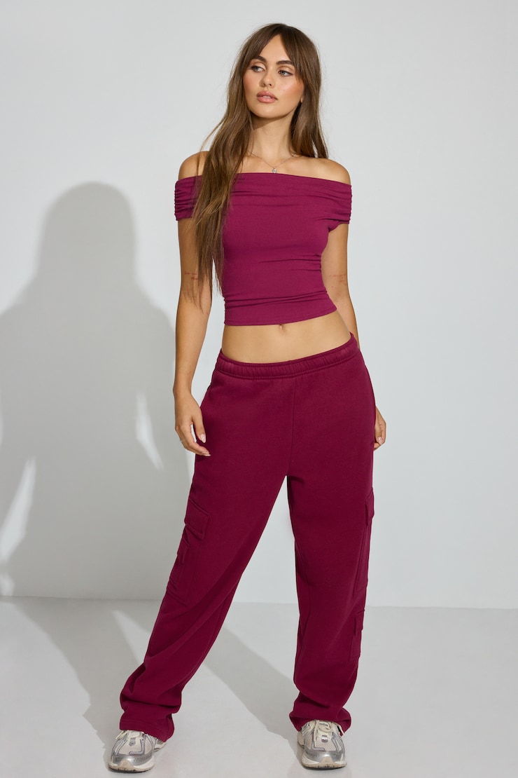 Fluid Off Shoulder Top, Sour Cherry Burgundy, large