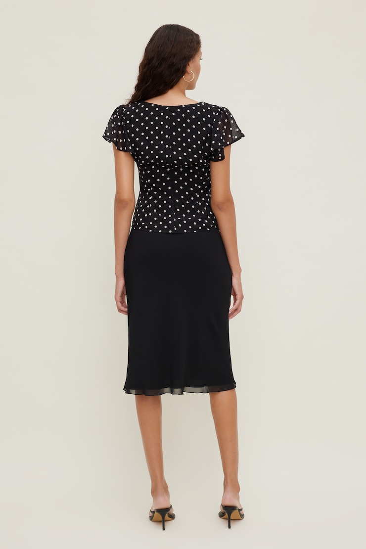 Flutter Sleeve Blouse Black w/ White Polka Dots large