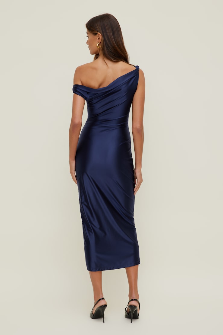Robe midi extensible et satinée Jayde Marine caverne océanique large