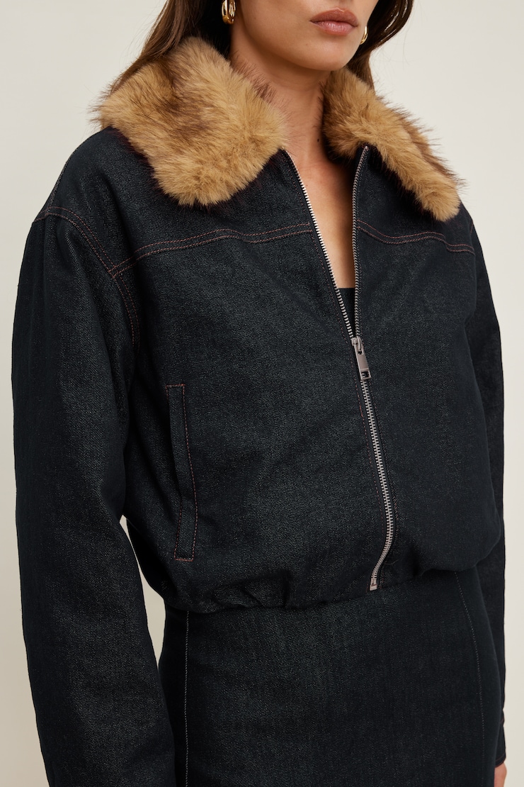 Faux Fur Collar Denim Aviator Jacket Medium Dark Indigo / Rinse large
