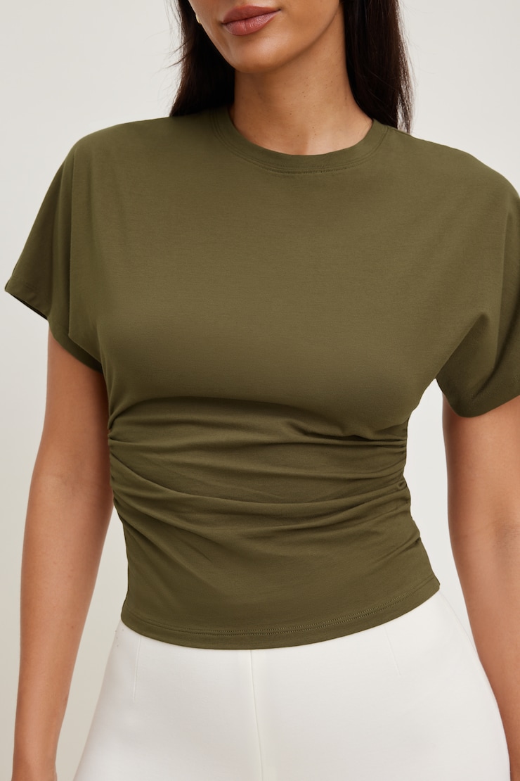 Andrea Shirred Jersey T Shirt Dark Olive Khaki large