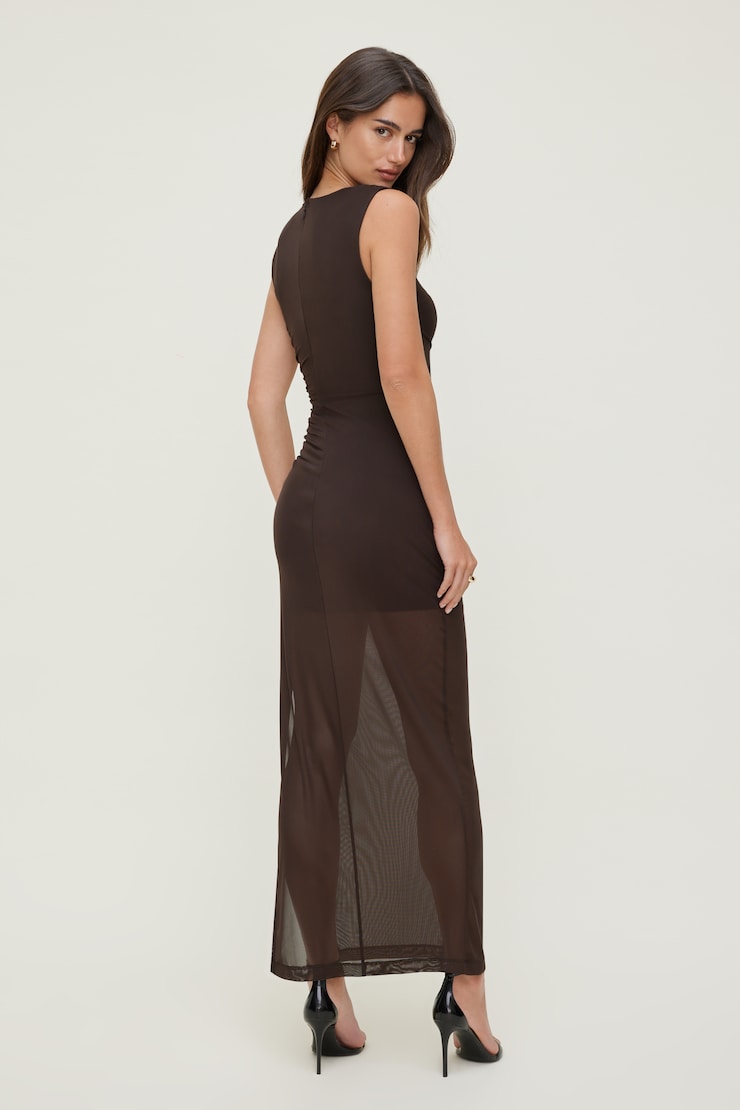 Sheer Shirred Mesh Maxi Dress Chocolate Torte Brown large