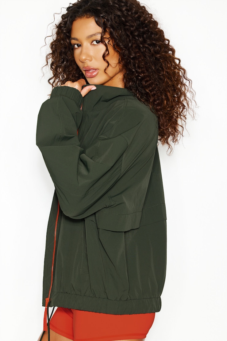 Long Water Repellent Windbreaker, Olive Obsession/Spicy Paloma Orange, large