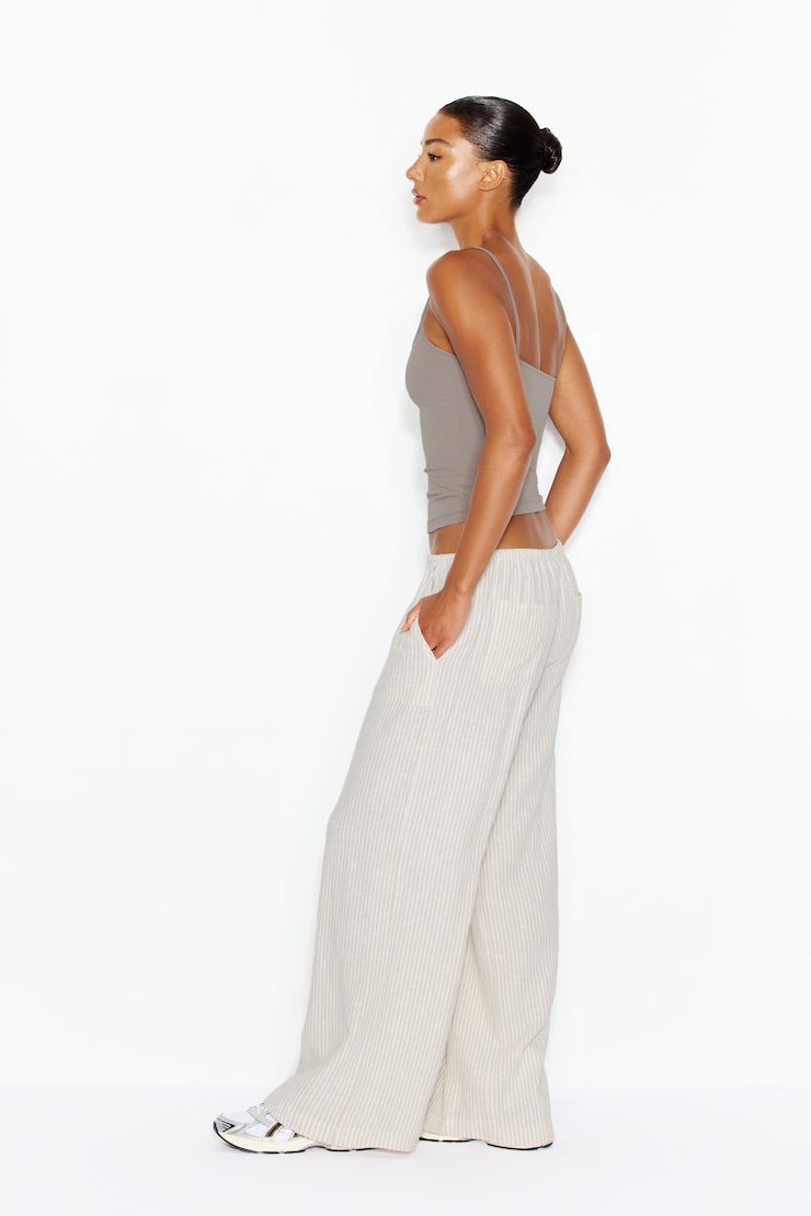 Millie Linen Pull-On Pants, Beige/White Stripes, large