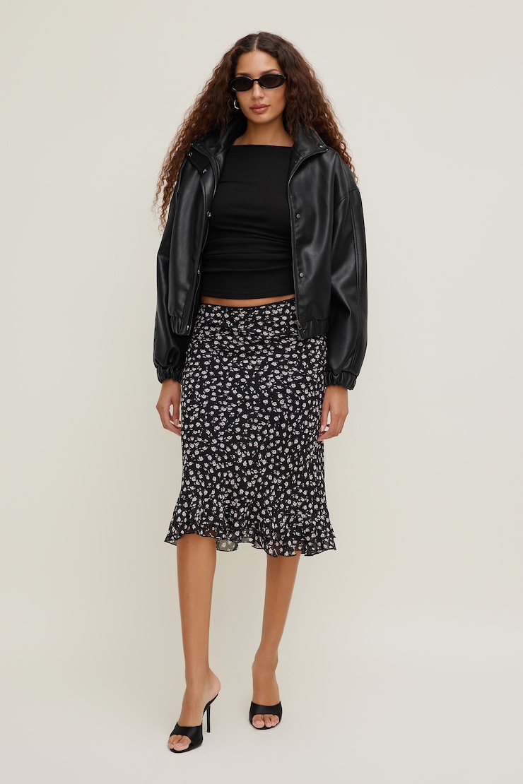 Jupe midi volantée en georgette Fleuri noir large