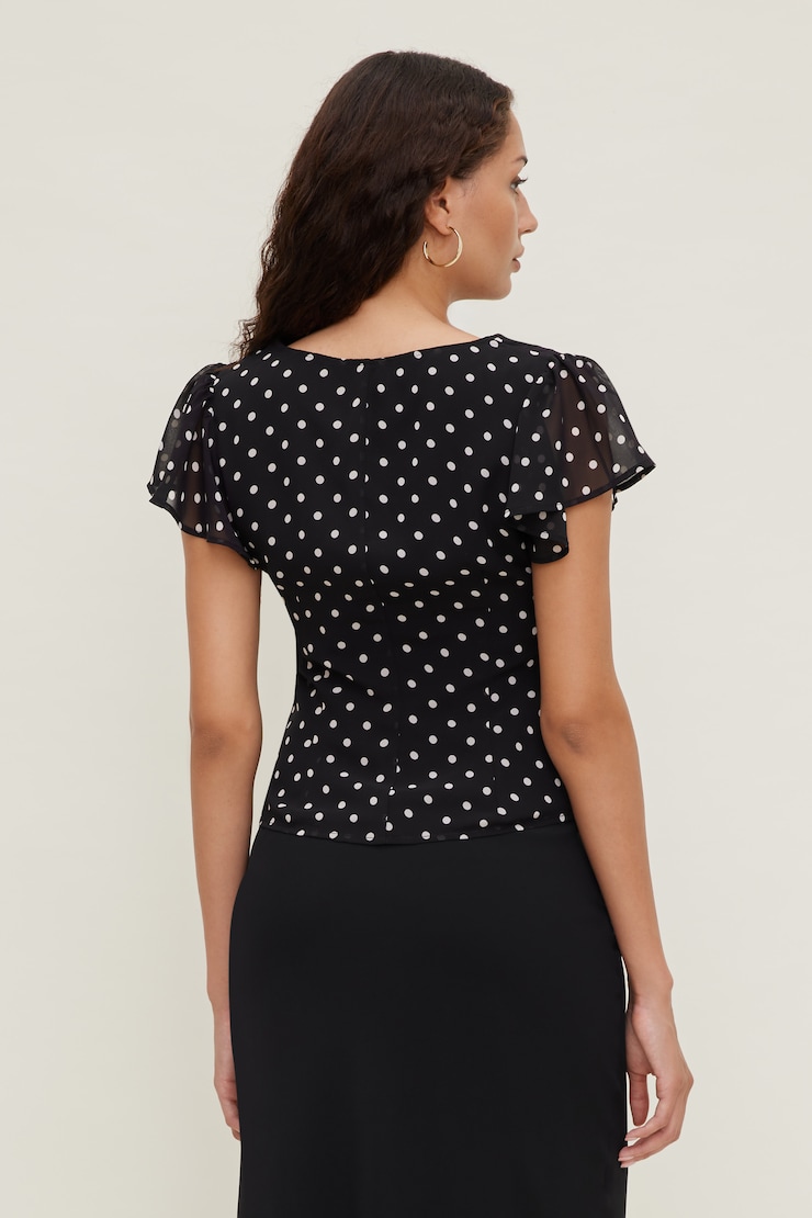 Flutter Sleeve Blouse Black w/ White Polka Dots large