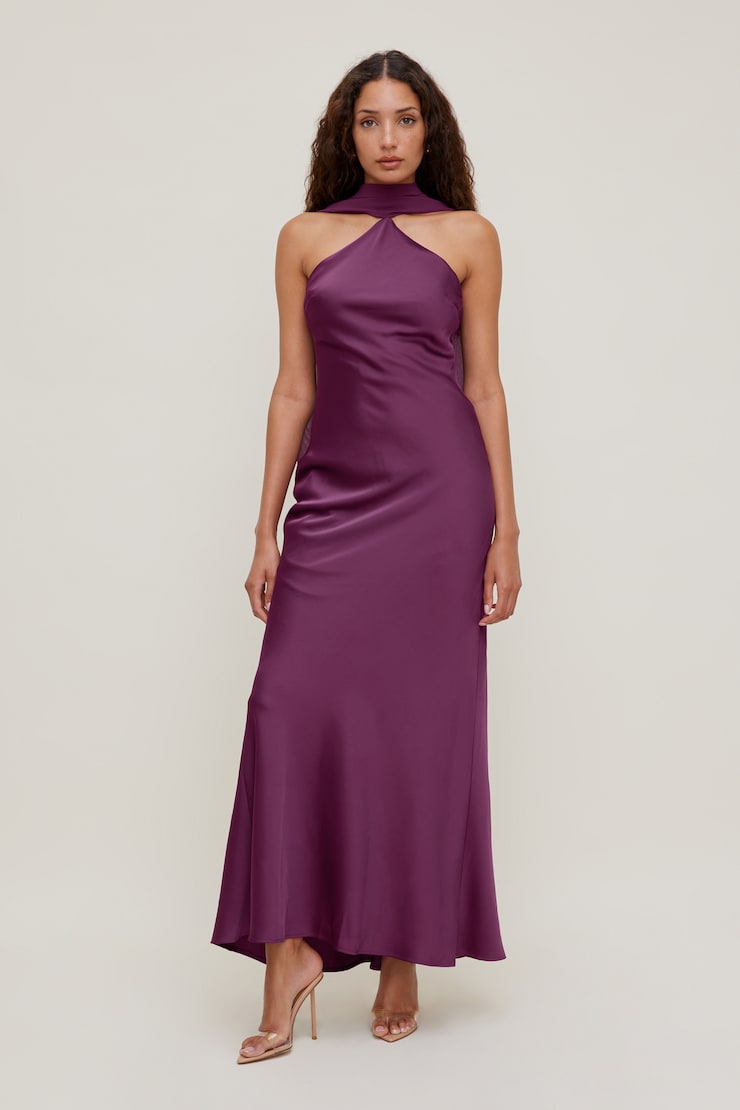 Halter Scarf Satin Maxi Dress Plum Caspia Purple large