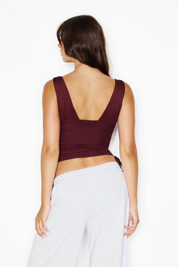 Plunge Ruched Tie Mesh Top, Burgundy Bite, large