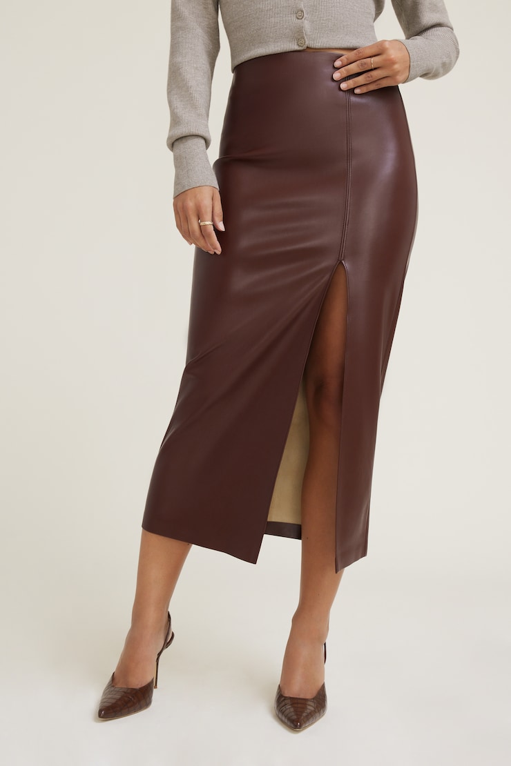 Marlow Faux Leather Midi Skirt Bitter Chocolate Burgundy large
