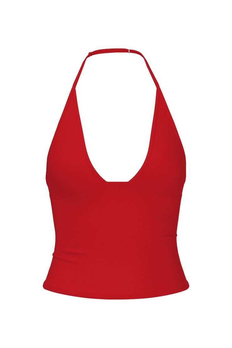 Sleek Plunge Halter Top, Scarlet Flame Red, large
