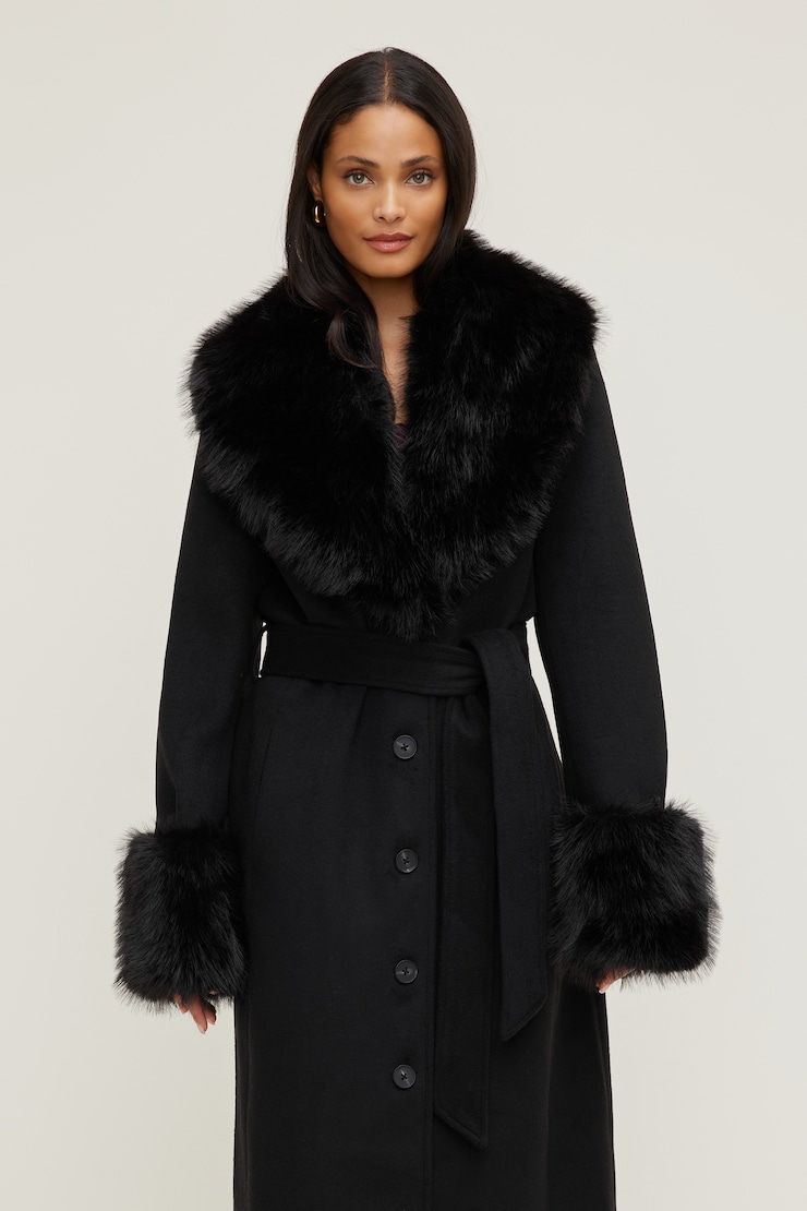 Faux Fur Trim Wool Coat Jet Black large