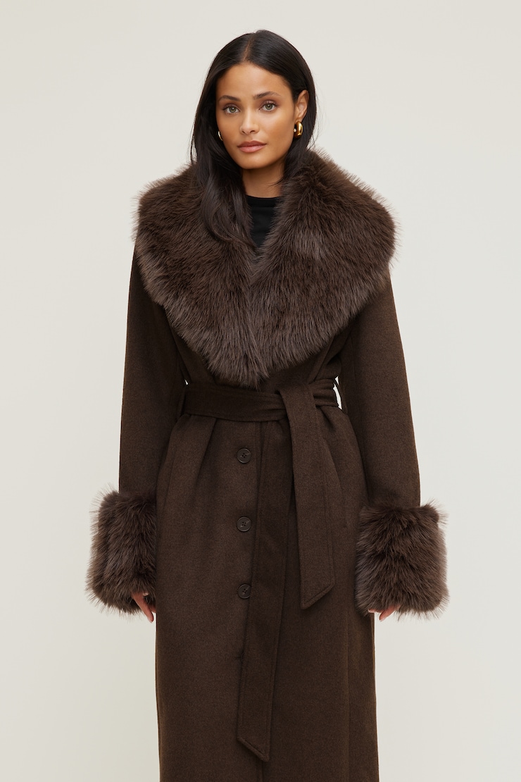 Faux Fur Trim Wool Coat Armadillo Brown large
