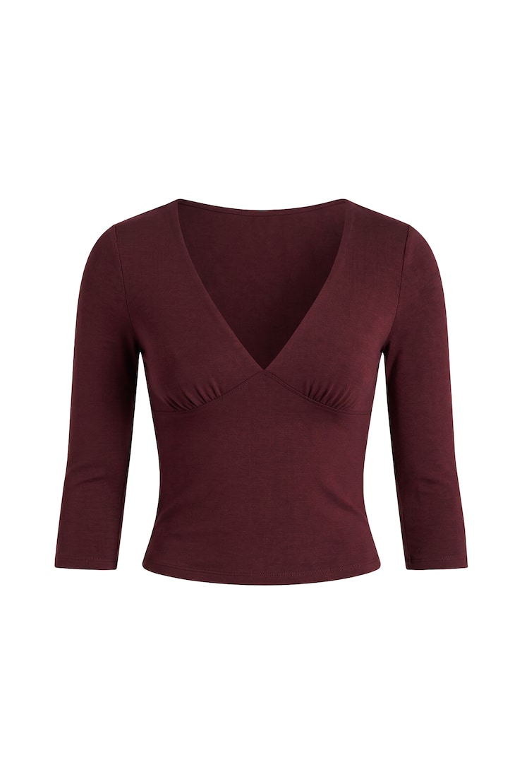 Plunge 3/4 Sleeve Top, Burgundy Bite, large