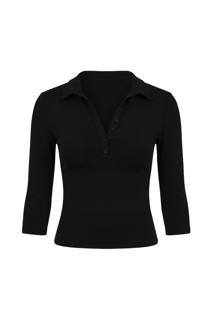 Sleek 3/4 Sleeve Polo Top, Jet Black, large