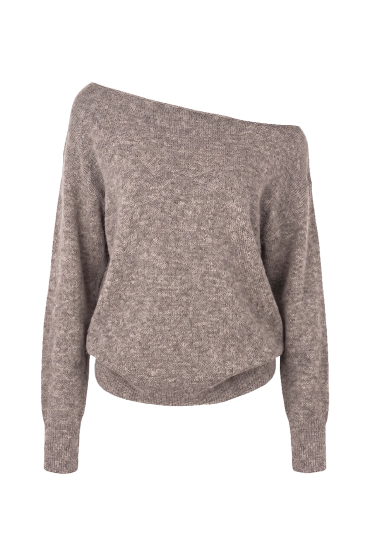 Long Sleeve Spongy Relaxed Off Shoulder Sweater, Hazelnut Melange, large
