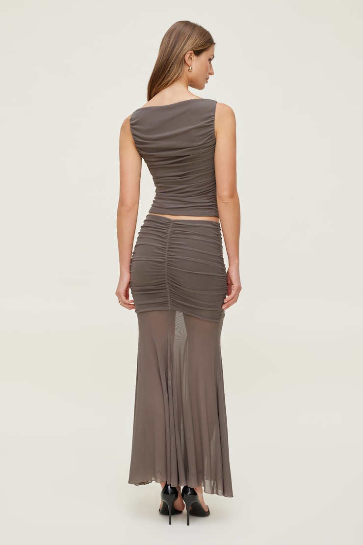 Ruched Mesh Maxi Skirt Iron Taupe large