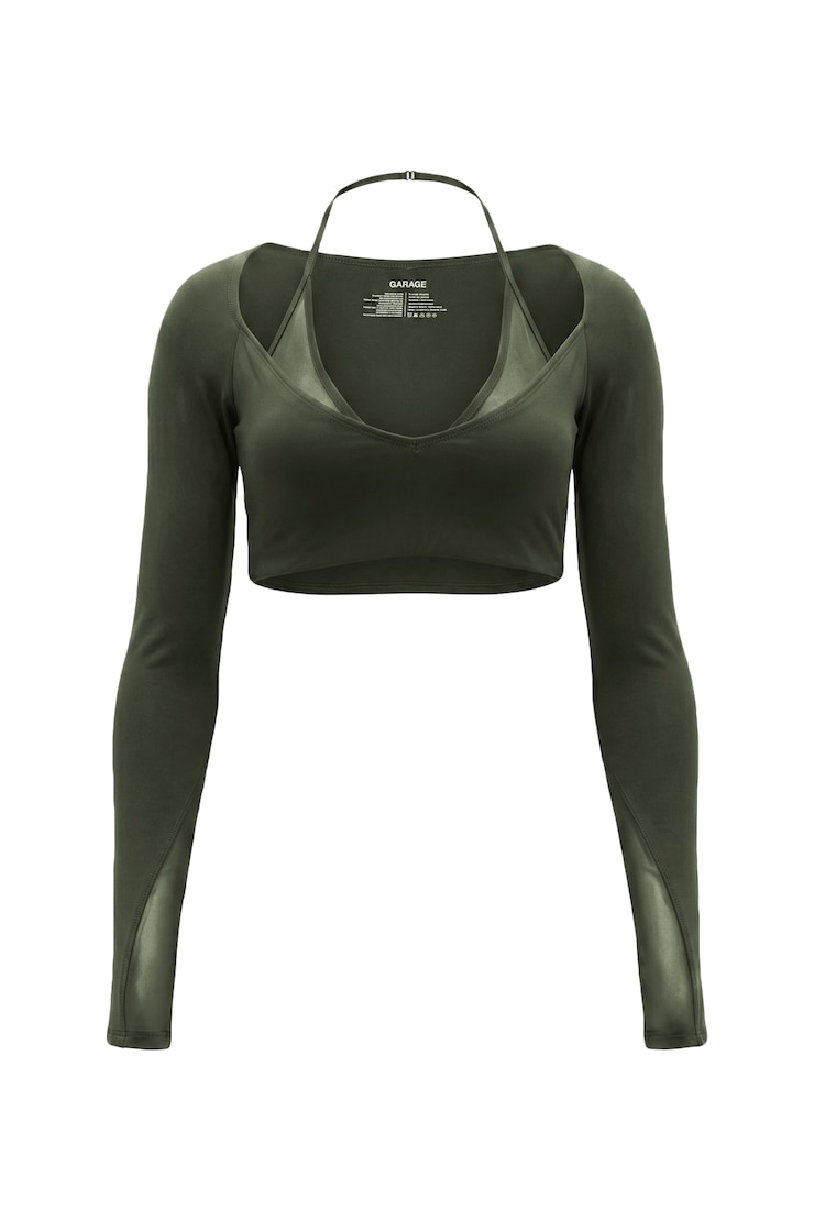 Active Layered Mesh Long Sleeve Top, Olive Obsession, large