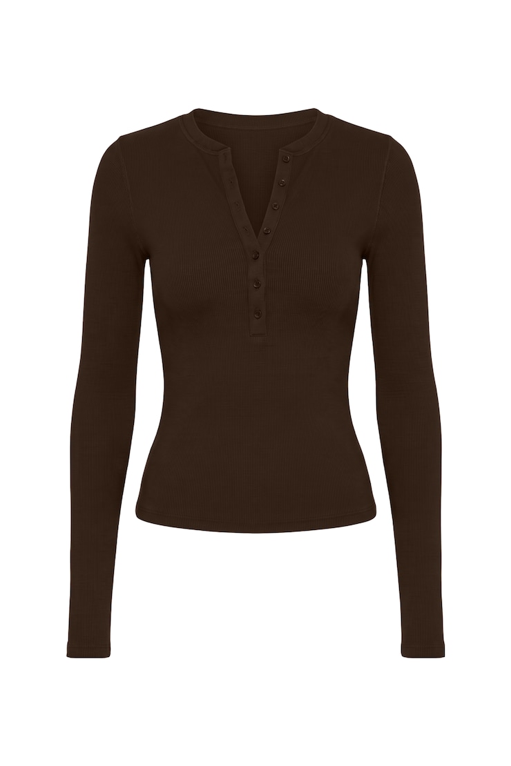 SnatchRib Crewneck Henley Long Sleeve Top, Armadillo Brown, large