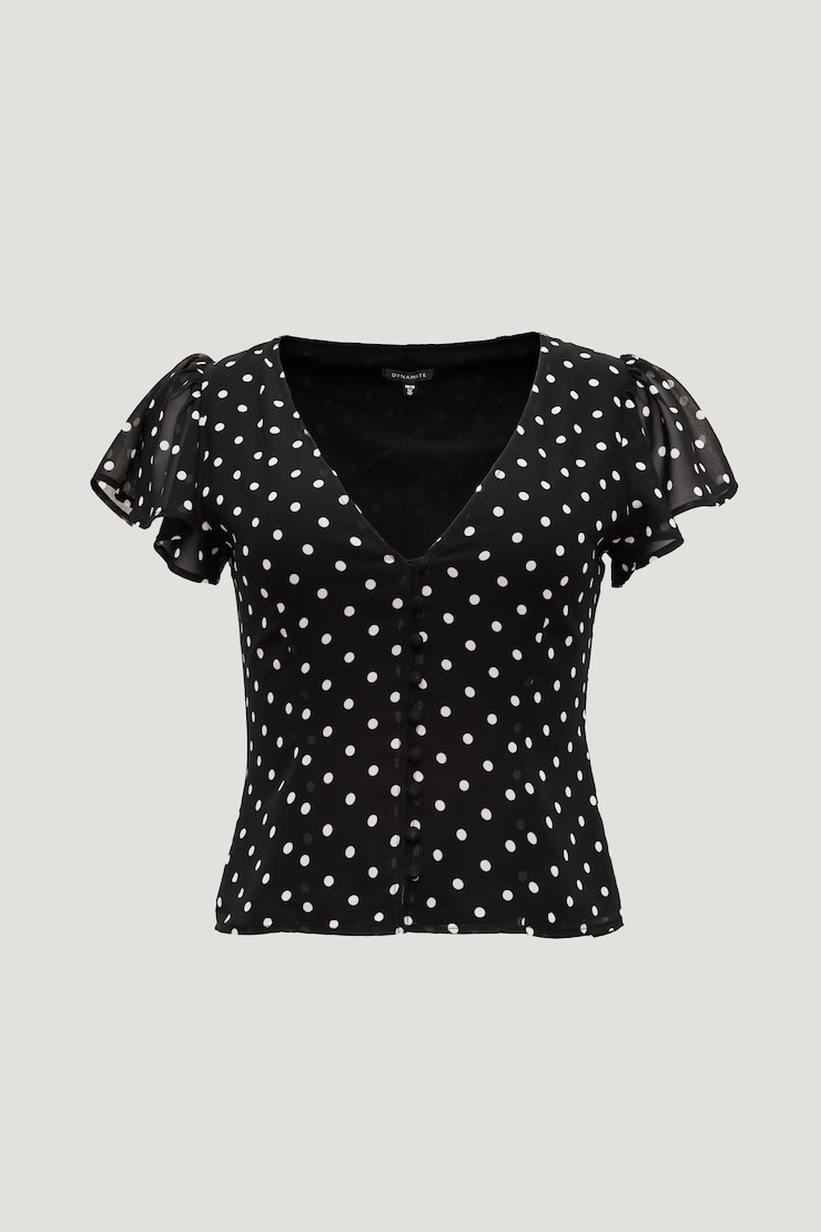 Flutter Sleeve Blouse Black w/ White Polka Dots large
