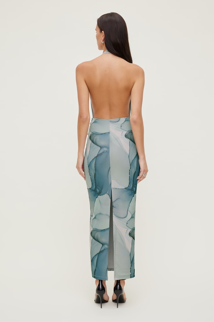 Plunge Mesh Maxi Dress Blue Marble large
