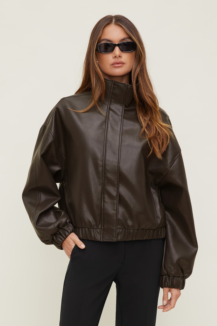 Brynn Faux Leather Bomber Jacket French Mole Brown large