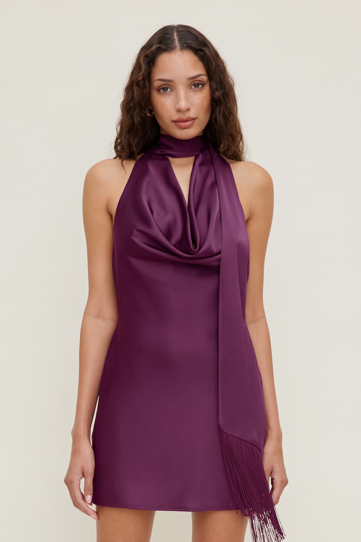 Fringe Scarf Satin Mini Dress Plum Caspia Purple large
