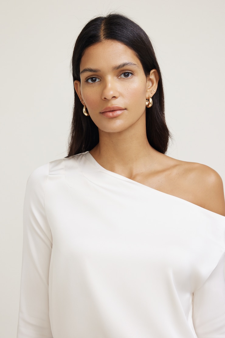 Off Shoulder Satin Blouse Beige | Dynamite