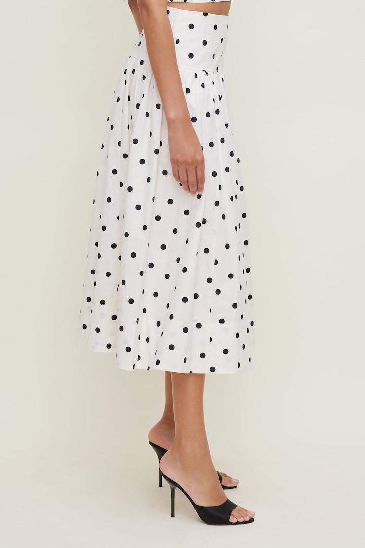 Drop Waist Poplin Midi Skirt White w/ Black Polka Dots large