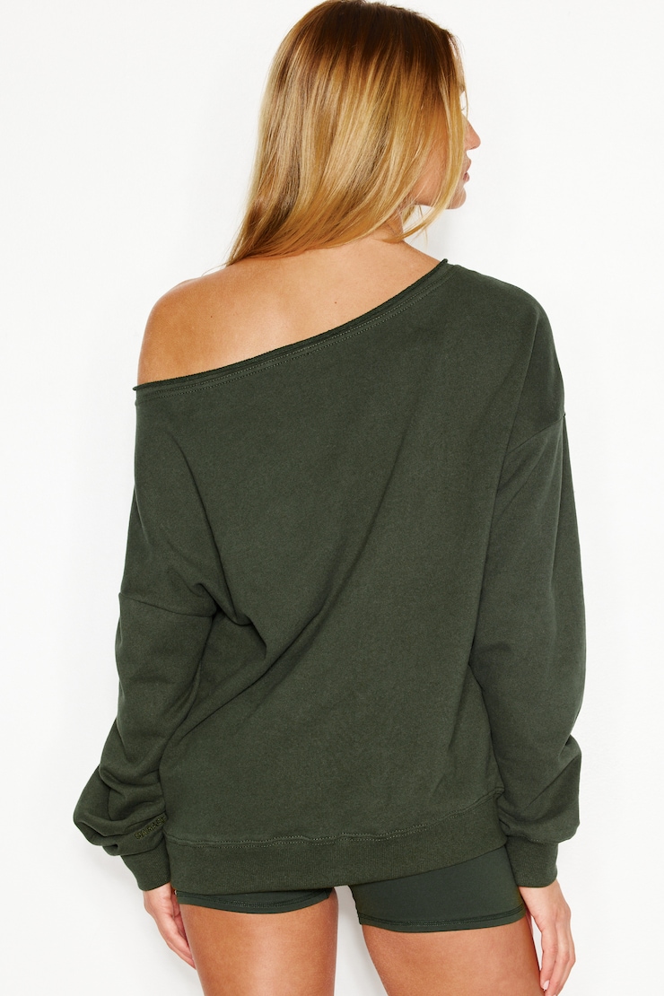 SoftTerry Off Shoulder Sweatshirt, Olive Obsession, large