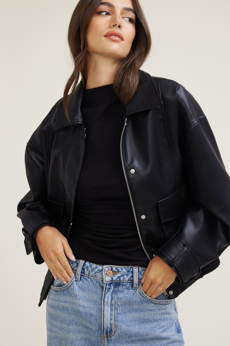 Oversized Faux Leather Aviator Jacket Black | Dynamite