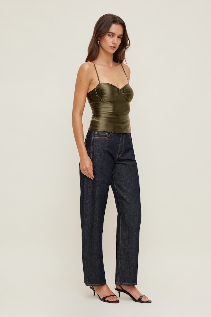 Monet Stretch Satin Top Dark Olive Khaki large