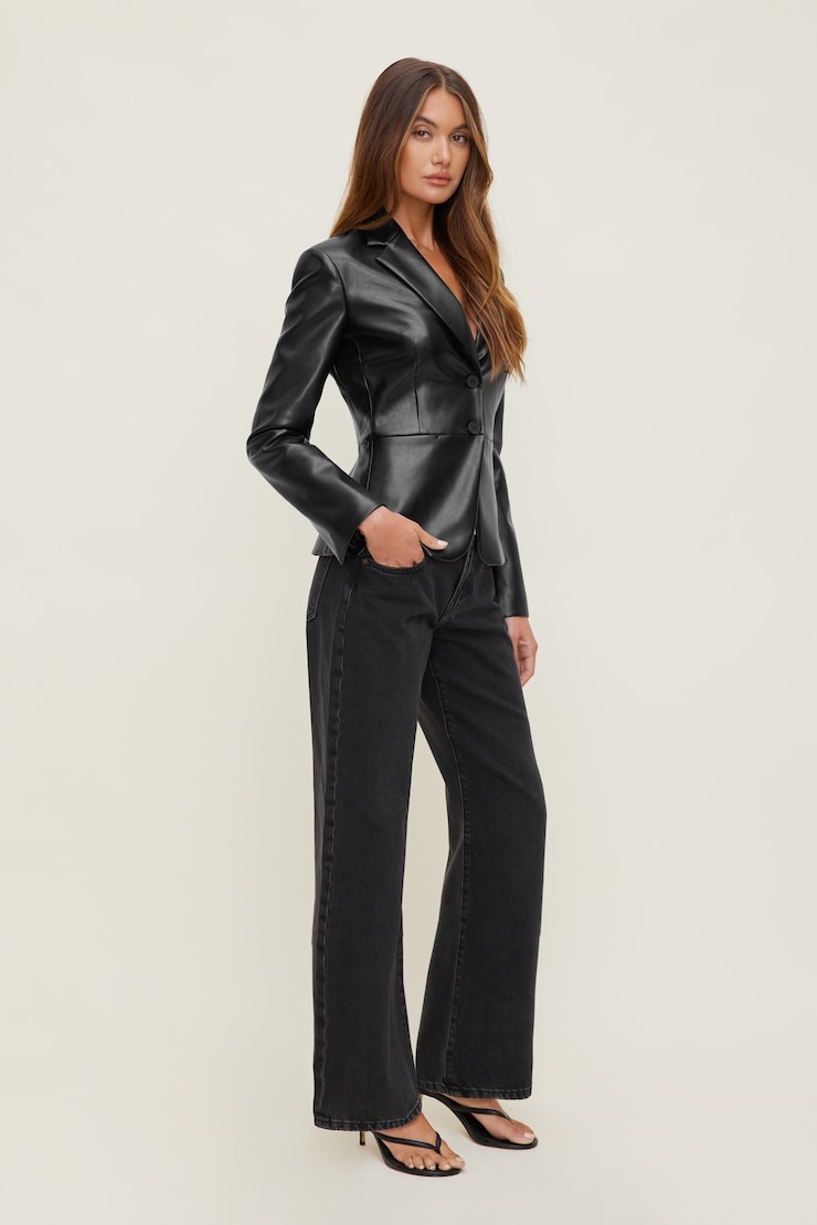 Fitted Faux Leather Blazer Jet Black large