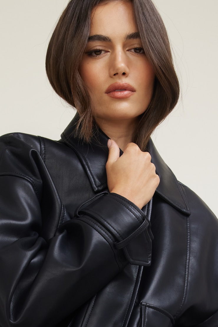 Blouson aviateur ample en faux cuir Noir encre large