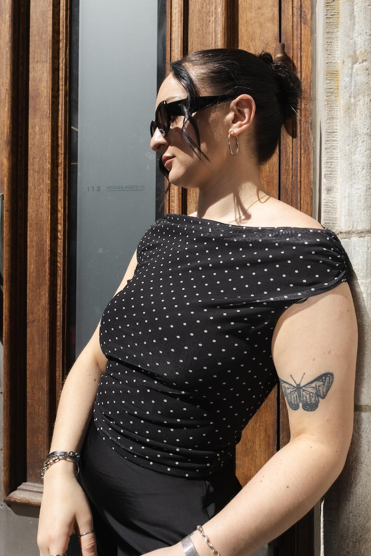 Off Shoulder Mesh Top Black w/ White Polka Dots large