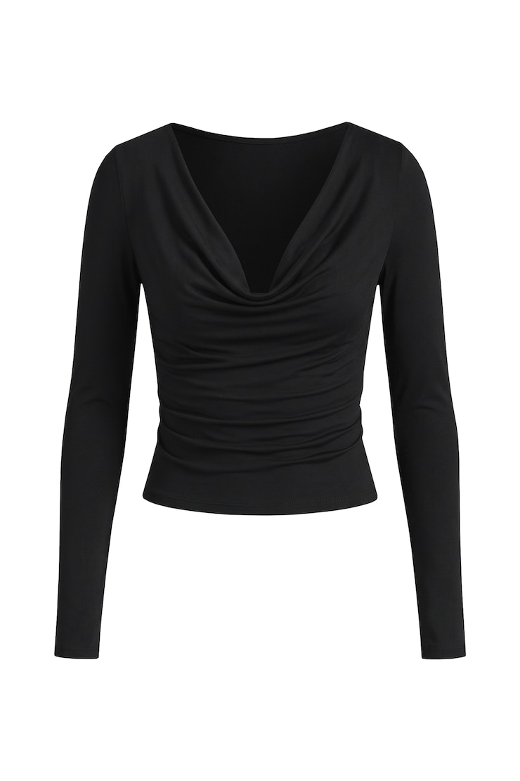 Cowl Neck Long Sleeve Top, Jet Black, large