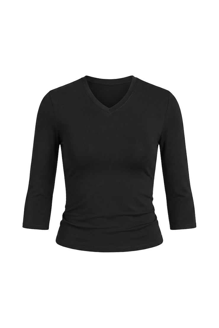 Sleek High V-Neck 3/4 Sleeve Top, Jet Black, large