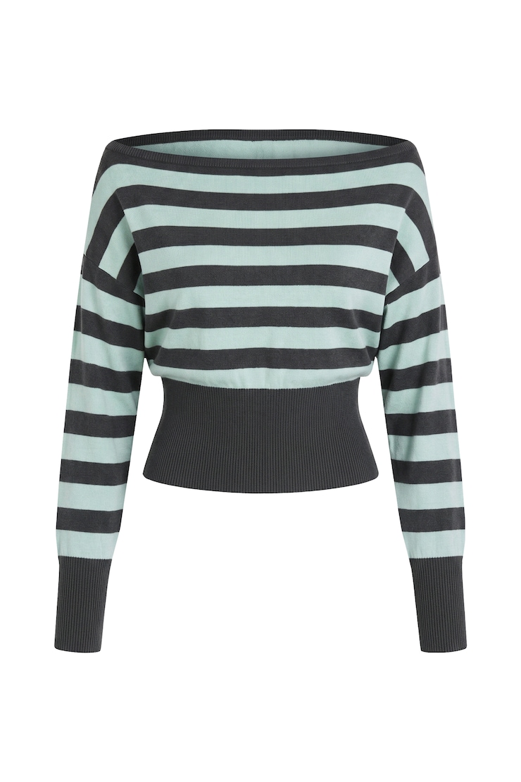 Off Shoulder Reset Long Sleeve Top, Turquoise Trouble/Forged Iron Grey stripes, large