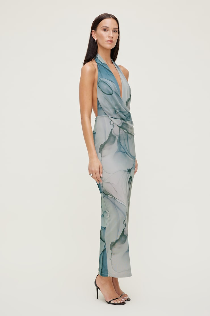 Plunge Mesh Maxi Dress Blue Marble large