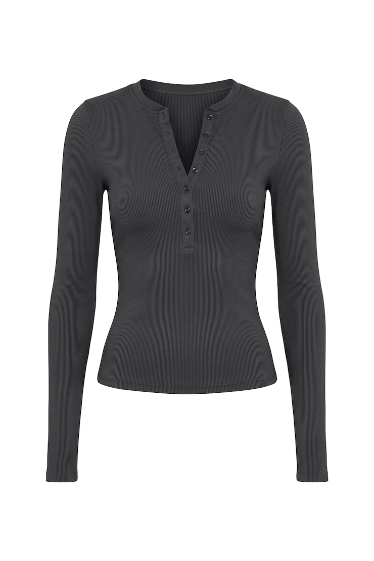 SnatchRib Crewneck Henley Long Sleeve Top, Forged Iron Grey, large
