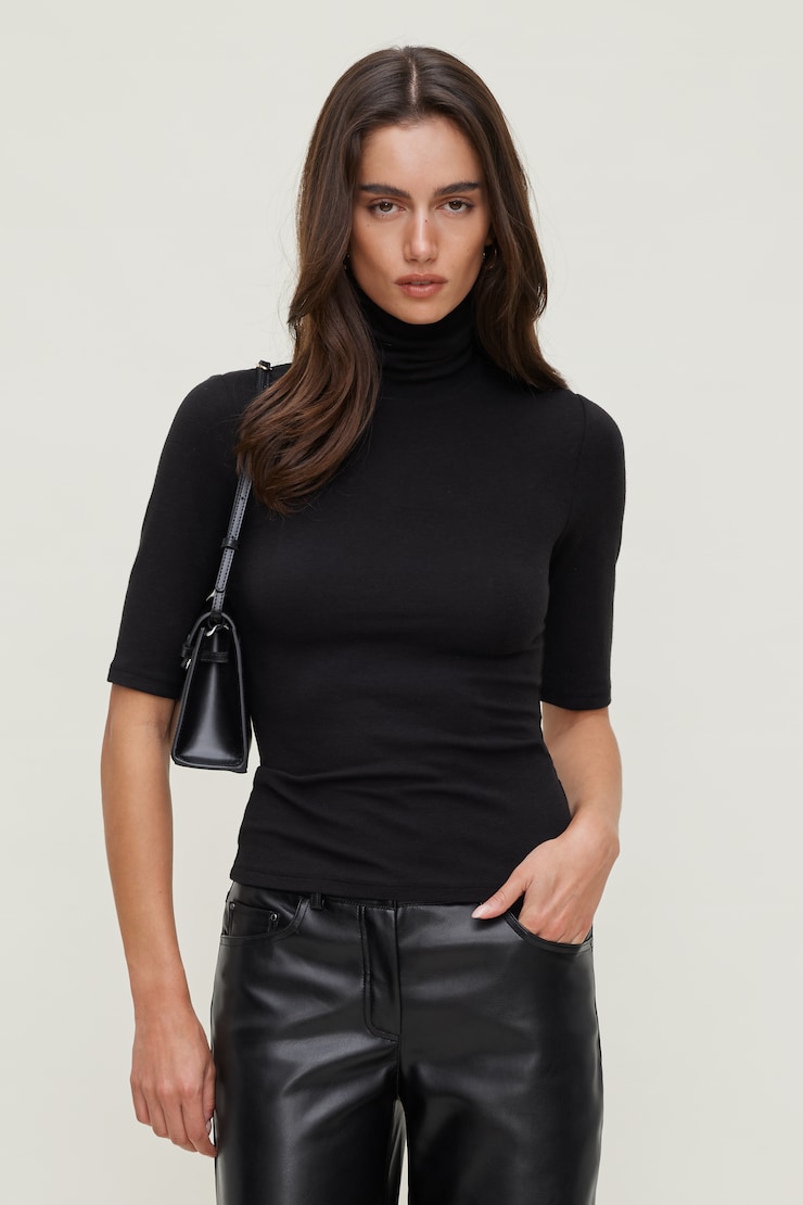 3/4 Sleeve Turtleneck Top Jet Black large