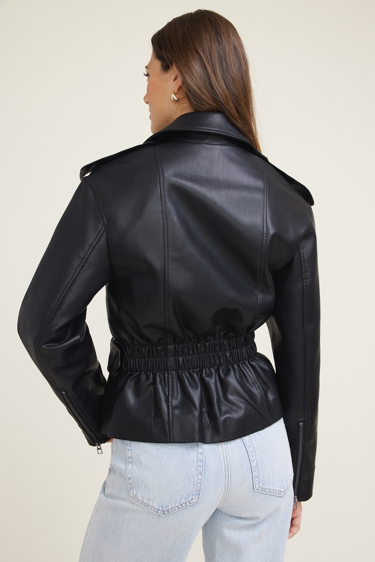 Belted Faux Leather Moto Jacket Jet Black large