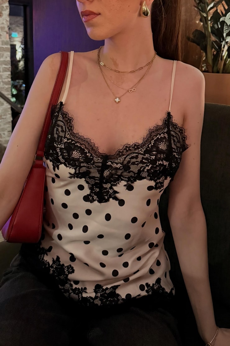 Cassie Asymmetric Lace Satin Cami Off white w/Black Polka Dots large
