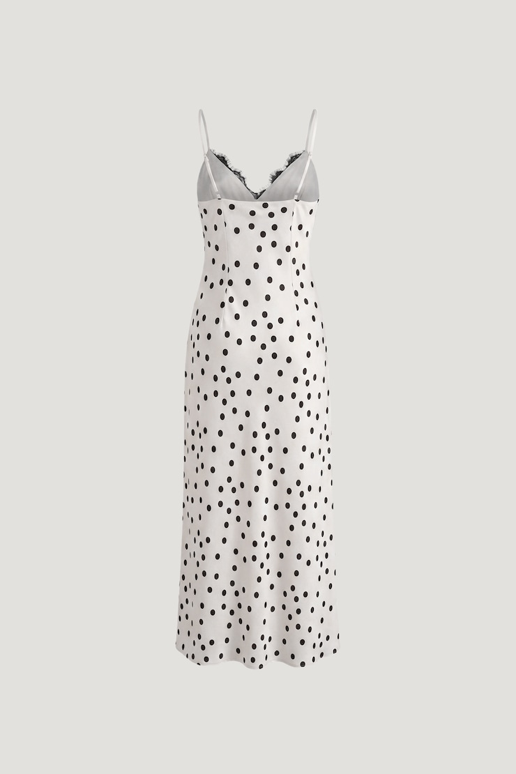 Lace Trim Satin Midi Dress Off White w/ Black Polka Dots large