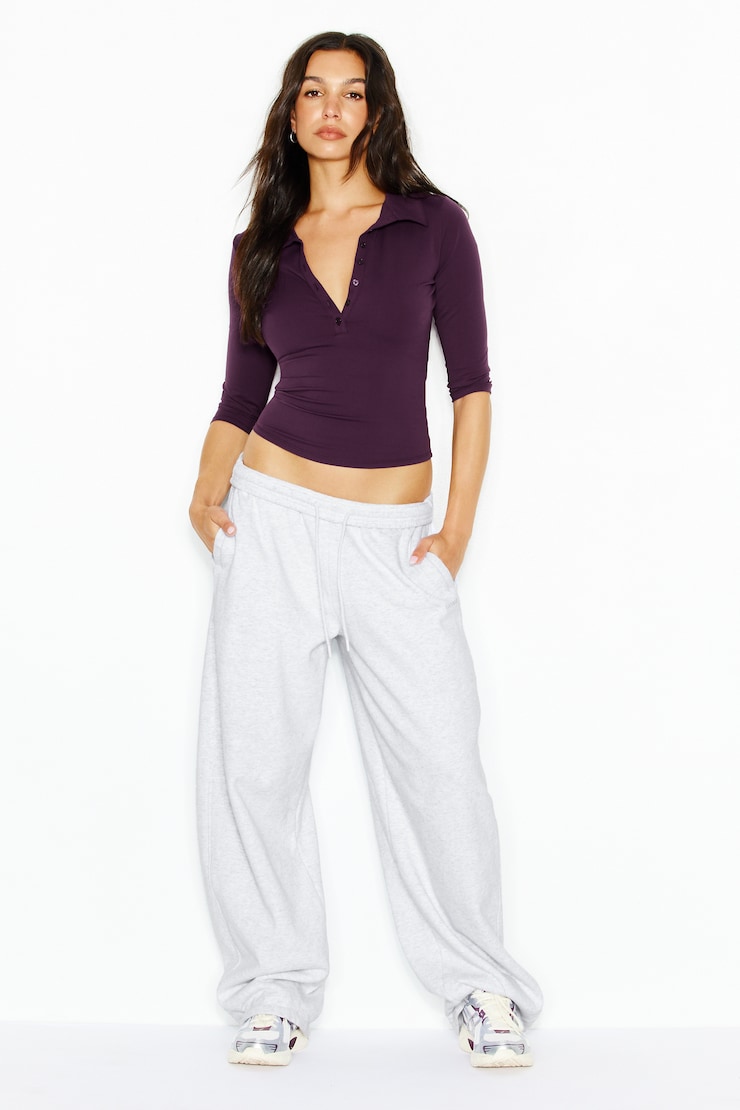 Sleek 3/4 Sleeve Polo Top, Wild Berry Maroon, large