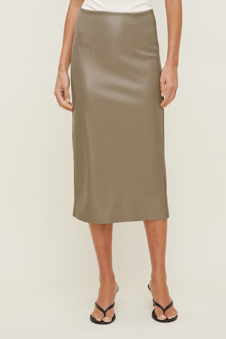Shiloh Faux Leather Midi Skirt Dry Clay Taupe large