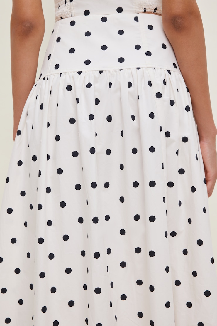 Drop Waist Poplin Midi Skirt White w/ Black Polka Dots large