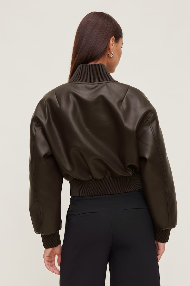 Ribbed Faux Leather Bomber Jacket French Mole Brown large