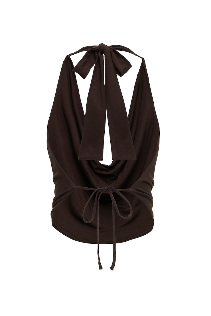 Smooth Open Back Cowl Top, Chocolate Mousse Brown, large