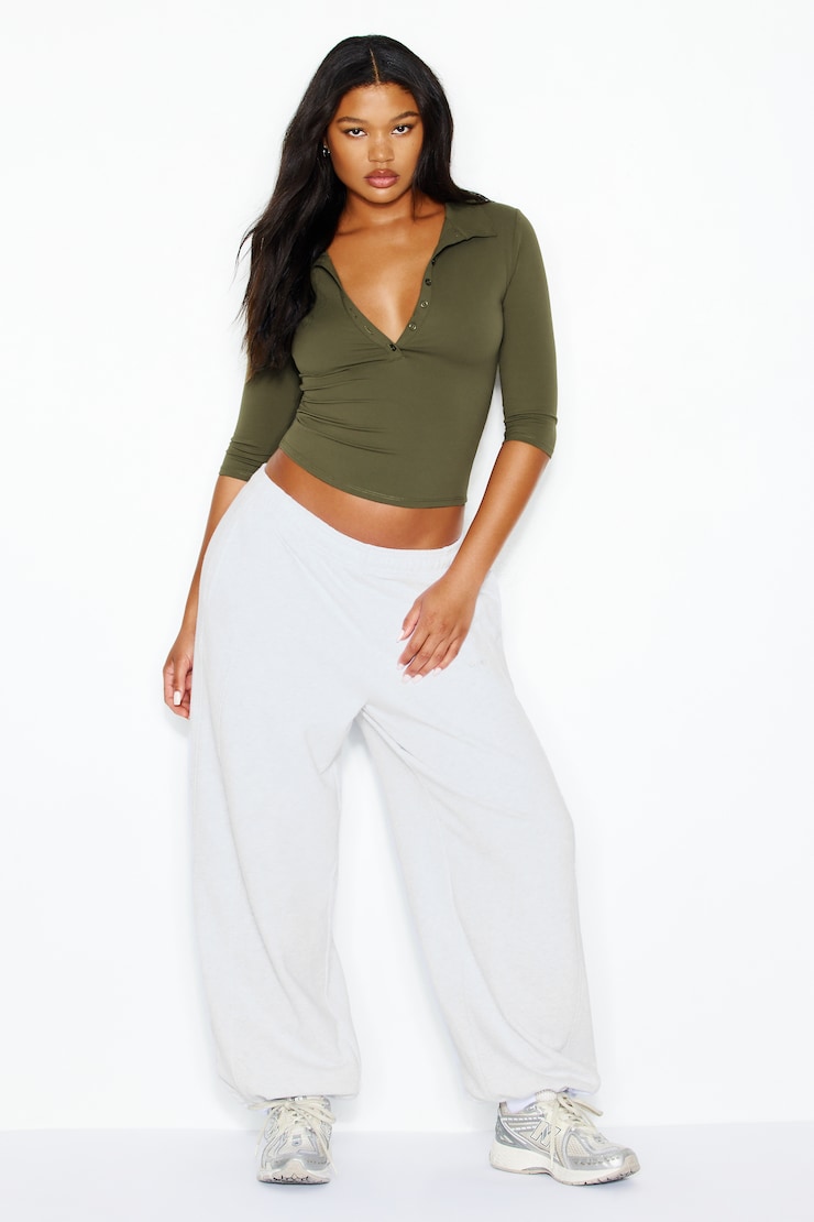 Sleek 3/4 Sleeve Polo Top, Kalamata Green, large